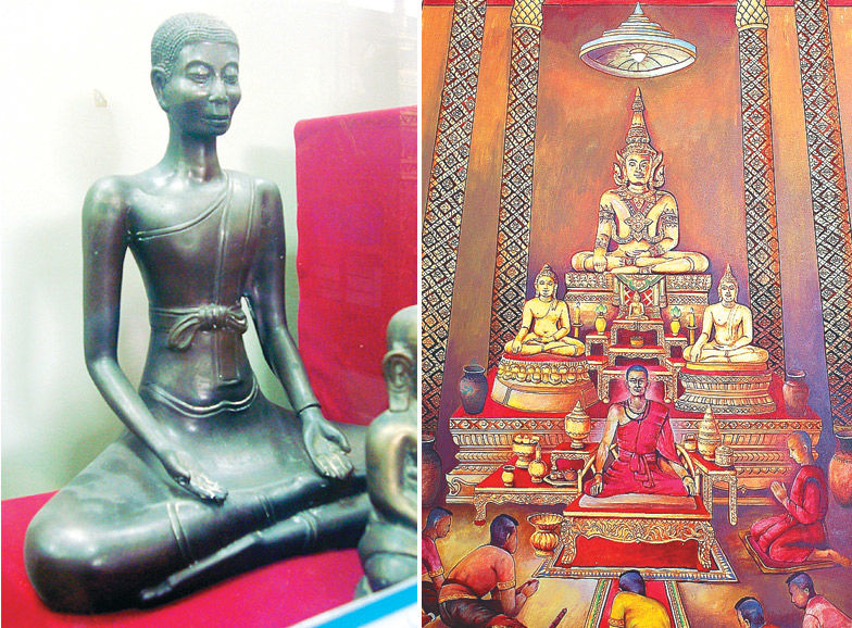 (ซ้าย) รูปหล่อจำลองเจ้าพระฝาง ตามภาพนิมิตของชาวบ้าน (ปัจจุบันจัดแสดงอยู่ที่พิพิธภัณฑ์วัดพระฝาง) (ขวา) ภาพวาดเจ้าพระฝางขณะว่าราชการเมืองสวางคบุรีตามจินตนาการ (ภาพจาก https://th.wikipedia.org )