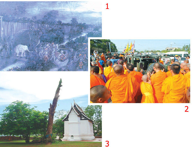 1.โคลงภาพพระราชพงศาวดาร ภาพ "ตีเมืองสวางคบุรี" เขียนในสมัยรัชกาลที่ 5 โดยหลวงสุวรรณสิทธิ์ ในภาพเจ้าพระฝางนั่งเปลให้ทหารหามหลบหนีออกจากเมืองพร้อมด้วยลูกช้างเผือก 2.พระสงฆ์ช่วยกันเคลื่อนย้ายรถทหาร ที่จอดปิดทางเข้าพุทธมณฑล จ.นครปฐม ไม่ให้พระสงฆ์และประชาชนเข้าร่วมสัมมนา "สกัดแผนล้มการปกครองคณะสงฆ์ไทย" เมื่อวันที่ 15 กุมภาพันธ์ 3.พื้นที่ด้านหลังโบสถ์วัดพระฝาง ที่เคยมีต้นมะม่วงไข่กาในอดีตคือที่ประหารชีวิตแม่ทัพนายกองของเจ้าพระฝางทั้ง 4 รูป