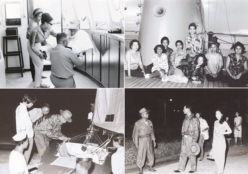 (ซ้ายบน) สมเด็จพระนางเจ้าฯ พระบรมราชินี ทอดพระเนตรแผนที่อ่าวไทยขณะตามเสด็จ บนเรือหลวงจันทร (ขวาบน) ทรงฉายภาพบนเรือหลวงจันทร (ซ้ายล่าง) ทรงเตรียมด้วยพระองค์เอง (ขวาล่าง) ผบ.นย.เข้าเฝ้าฯก่อนเสด็จลงเรือ ณ พระราชวังไกลกังวล