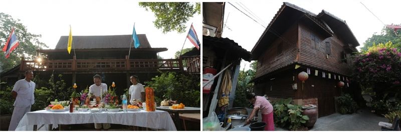(ซ้าย) พิธีไหว้สักการะ "โพธิ์ ไทร ไกร กร่าง" ไม้ใหญ่ 4 ต้นที่อยู่คู่ชุมชนมาอย่างยาวนาน จัดขึ้นที่ลานกลางชุมชนป้อมมหากาฬ (ขวา) ชุมชนป้อมมหากาฬ ประกอบด้วยบ้านไม้โบราณหลายหลังกระจายตัวอยู่ทั้งริมคลองรอบกรุง หรือคลองโอ่งอ่าง และบริเวณที่ติดกับกำแพงป้อมริมถนนมหาไชย