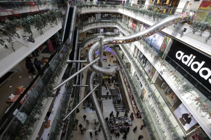 A general view of about 20-meter-high slide inside a five-storey shopping mall in Shanghai