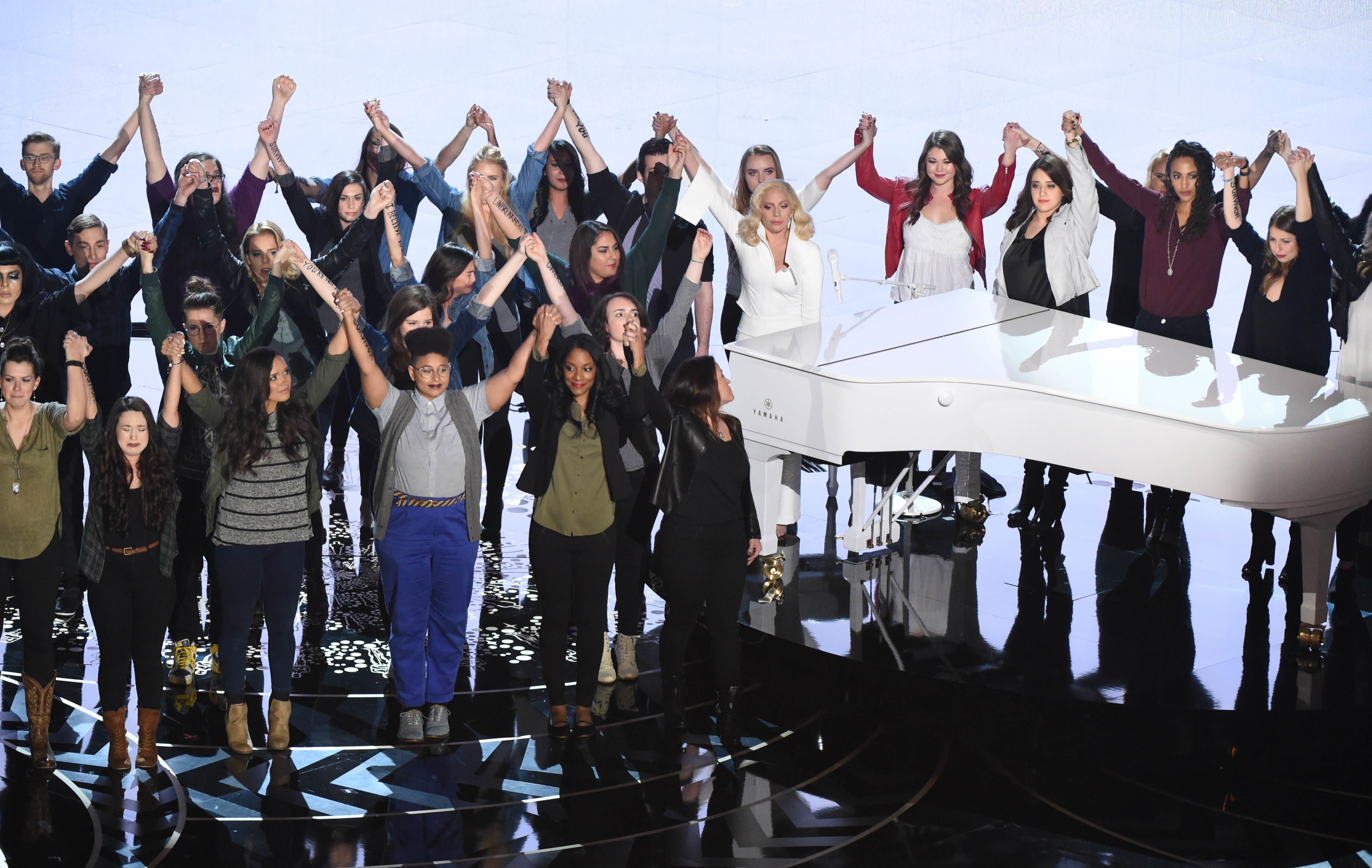 Singer Lady Gaga performs on stage at the 88th Oscars on February 28, 2016 in Hollywood, California. AFP PHOTO / MARK RALSTON