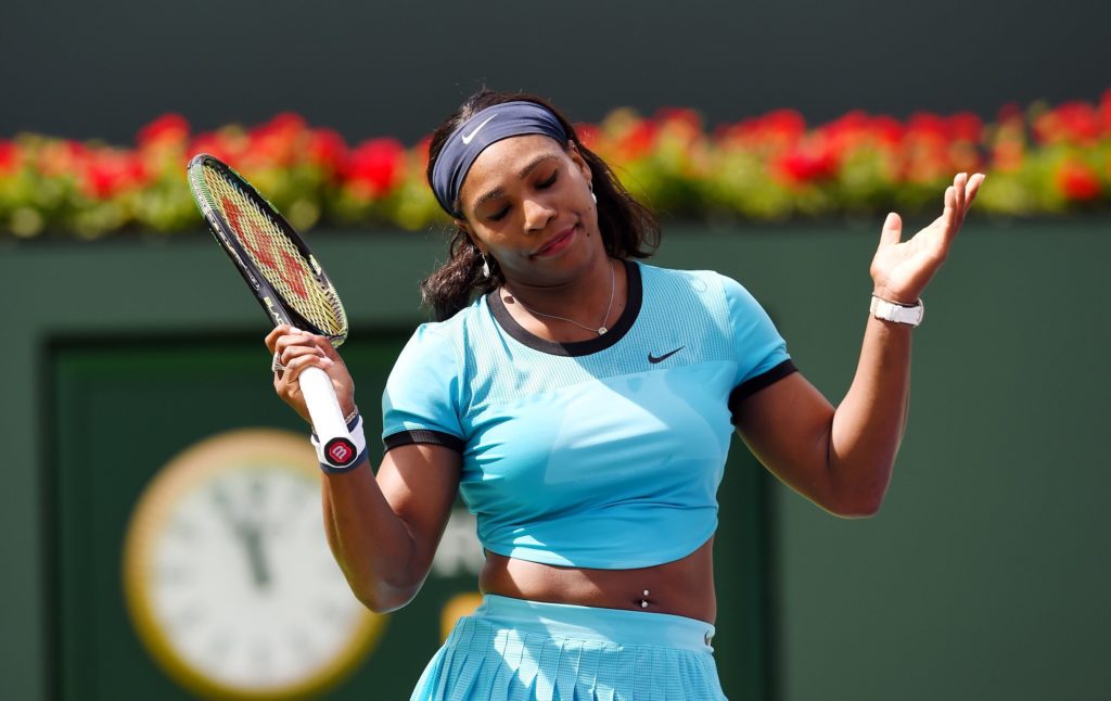 Serena Williams of USA reacts during the women's final match against Victoria Azarenka of Belarus in at the BNP Paribas Open at the Indian Wells Tennis Garden in Indian Wells, California, March 20, 2016.  Azarenka defeated Williams 6-4, 6-4. / AFP / ROBYN BECK