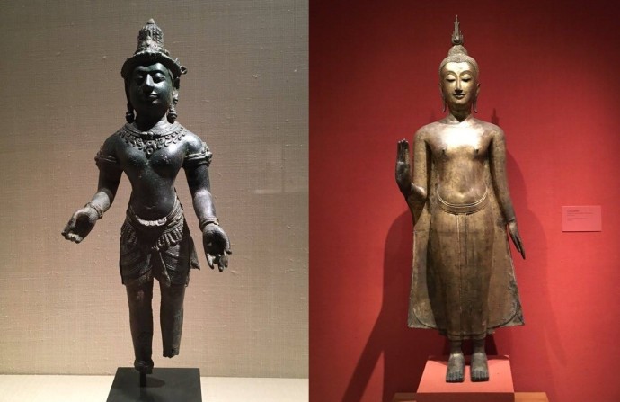(ซ้าย) ประติมากรรมที่คาดว่ามาจากไทยหรือินโดนีเซีย พิพิธภัณฑ์ศิลปะเมโทรโพลิแทน ซื้อมาจากมูลนิธิจิม ทอมสัน (ขวา) พระพุทธรูปล้านนา มีผู้บริจาคให้พิพิธภัณฑ์ ฯ 