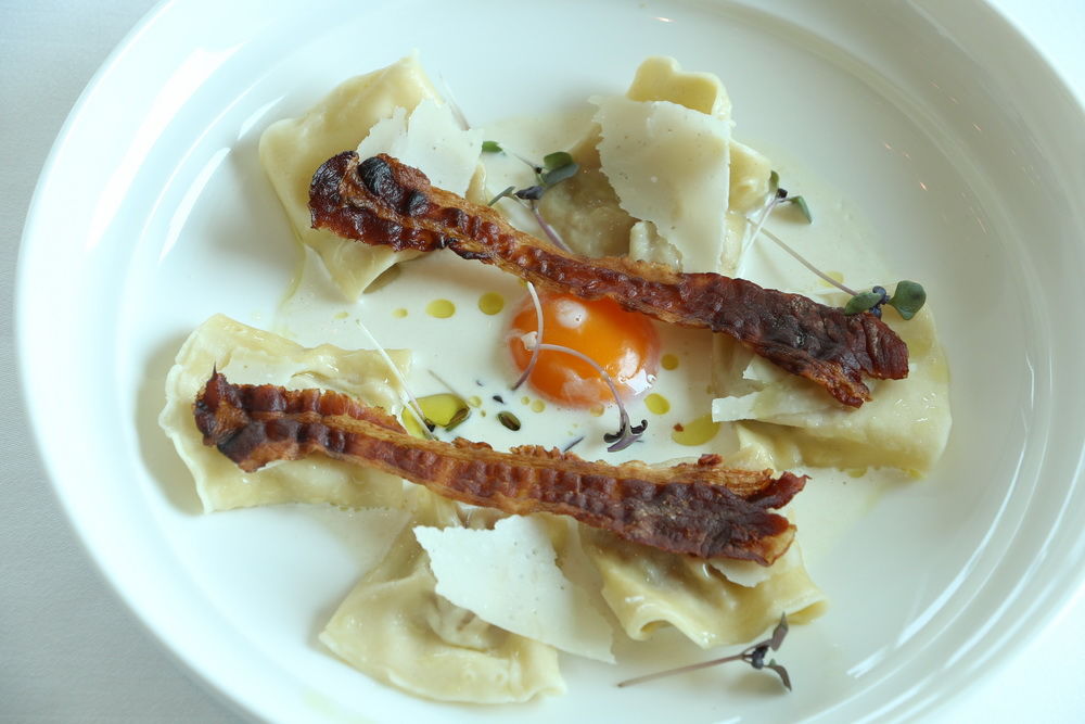 Ravioli Carbonara with crispy pancetta