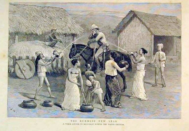 สงกรานต์ในกรุงมัณฑะที่พม่า เมื่อ พ.ศ.2431 (ภาพจาก The Graphic ฉบับวันที่ 7 มกราคม ค.ศ.1888 หน้า 13) 