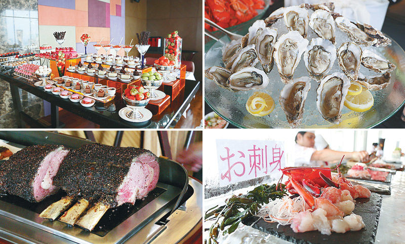 (ซ้ายบน) บุฟเฟต์ขนมหวาน (ขวาบน) หอยนางรม (ซ้ายล่าง)เนื้อเกรดพรีเมียม (ขวาล่าง) ล็อบสเตอร์ซาชิมิ