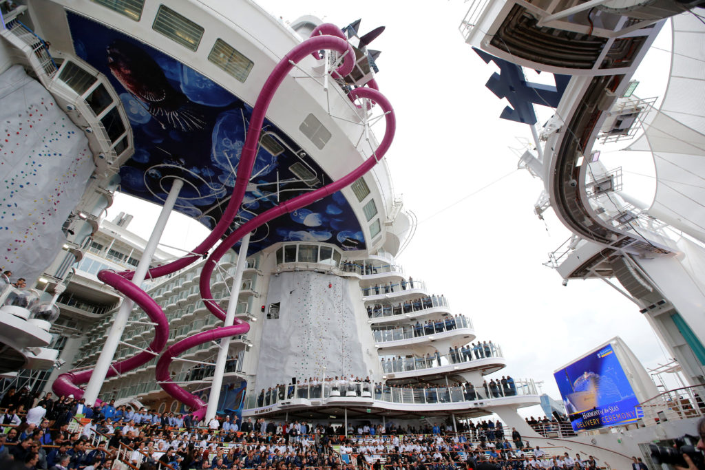 General view during the delivery ceremony of the Harmony of the Seas (Oasis 3) class ship at the STX Les Chantiers de l'Atlantique shipyard site in Saint-Nazaire
