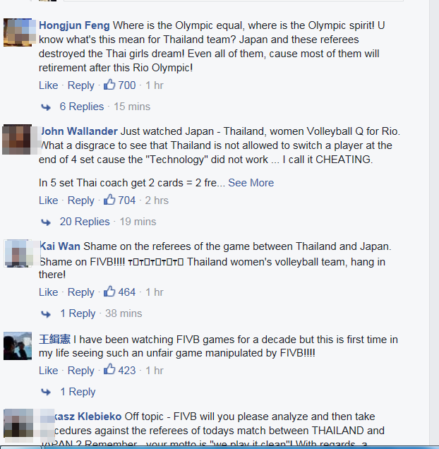 ความเห็นบางส่วน จากเพจ เฟซบุ๊ก FIVB -International Volleyball Federation