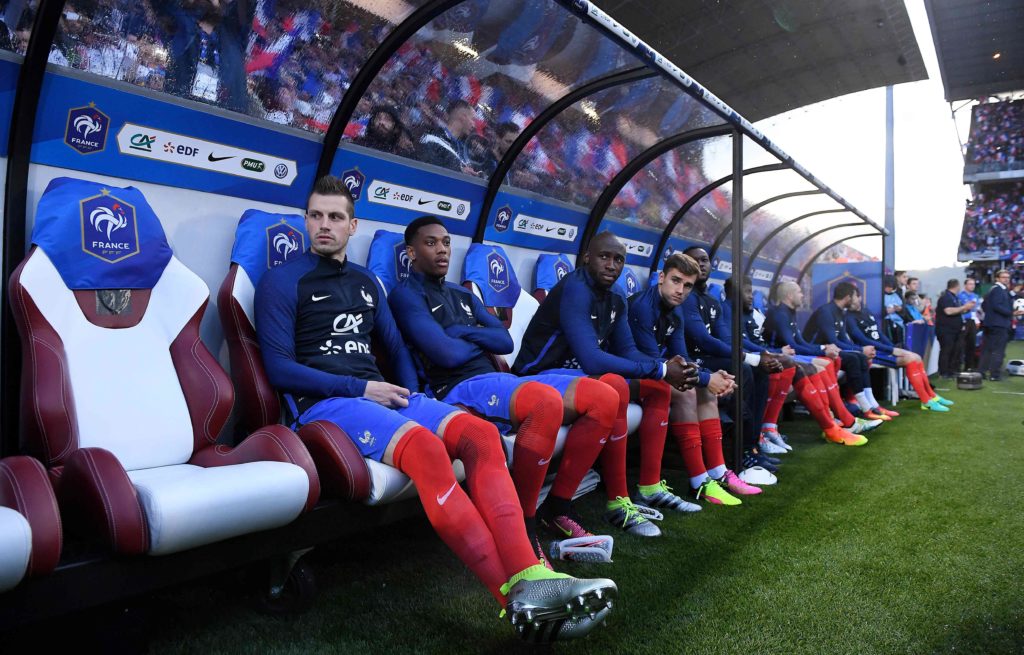 (L-R) France's midfielder Morgan Schneiderlin, France's forward Anthony Martial, France's defender Eliaquim Mangala and France's forward Antoine Griezmann look on during the friendly football match France versus Scotland, at the St Symphorien Stadium in Metz, eastern France, on June 4, 2016.  France defeated Scotland 3-0.  / AFP PHOTO / FRANCK FIFE