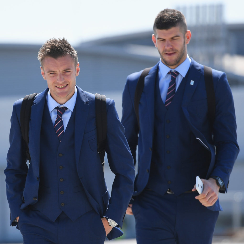 In this handout picture released by the Football Association (FA) England's Jamie Vardy (L) and Fraser Forster (R) head to board the plane as the team departs for France for the UEFA Euro 2016 European football championships at Luton Airport in Luton, north of London, on June 6, 2016. England's opening match at the European Championship is against Russia on June 11. / AFP PHOTO / FOOTBALL ASSOCIATION (FA) / Michael Regan / RESTRICTED TO EDITORIAL USE - MANDATORY CREDIT " AFP PHOTO / FA / MICHAEL REGAN " - NO MARKETING NO ADVERTISING CAMPAIGNS - DISTRIBUTED AS A SERVICE TO CLIENTS