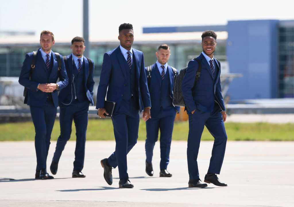 In this handout picture released by the Football Association (FA) England's (L-R) Harry Kane, Kyle Walker, Daniel Sturridge, Jack Wilshire and Raheem Sterling head to board the plane as the team departs for France for the UEFA Euro 2016 European football championships at Luton Airport in Luton, north of London, on June 6, 2016. England's opening match at the European Championship is against Russia on June 11. / AFP PHOTO / FOOTBALL ASSOCIATION (FA) / Michael Regan / RESTRICTED TO EDITORIAL USE - MANDATORY CREDIT " AFP PHOTO / FA / MICHAEL REGAN " - NO MARKETING NO ADVERTISING CAMPAIGNS - DISTRIBUTED AS A SERVICE TO CLIENTS