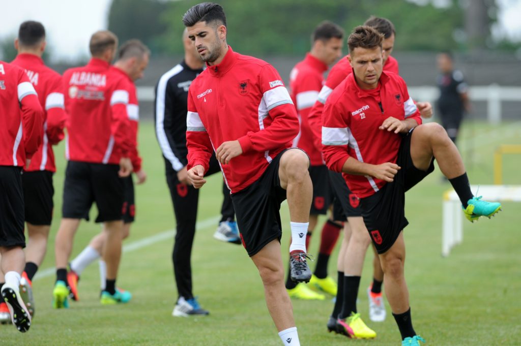 Albania's national football players attend a training session at their training ground ahead of the Euro 2016 football tournament in Perros-Guirrec, western France, on June 6, 2016.  / AFP PHOTO / FRED TANNEAU
