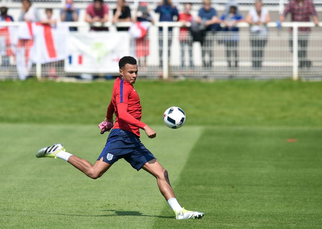 England midfielder Dele Alli practices during a training session at the team's training ground in Chantilly, on June 07, 2016, three days ahead of the start of the Euro 2016 European football championships.  / AFP PHOTO / PAUL ELLIS