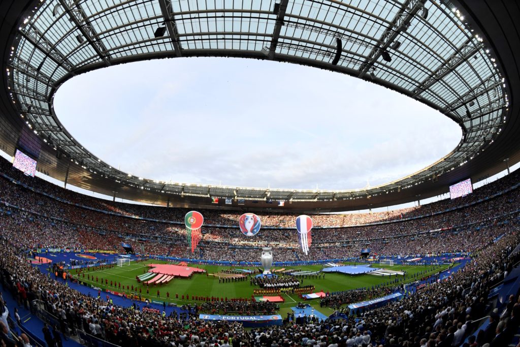 A general view shows the closing ceremony ahead the Euro 2016 final football match between Portugal and France at the Stade de France in Saint-Denis, north of Paris, on July 10, 2016. / AFP PHOTO / MIGUEL MEDINA