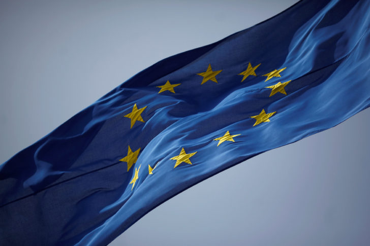 The European Union flag is seen flying in the British overseas territory of Gibraltar