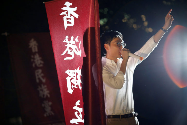 Pro-independence Hong Kong National Party convenor Chan, speaks during a rally to protest against the disqualification of his application for Legislative Council election in Hong Kong