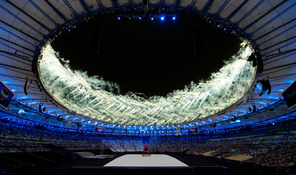 Fireworks around the roof of the Maracana Stadium during the Opening Ceremony of the Rio 2016 Paralympic Games at the Maracana Stadium in Rio de Janeiro, Brazil, on September 7, 2016. Photo by Bob Martin/OIS/IOC via AFP. RESTRICTED TO EDITORIAL USE. / AFP PHOTO / OIS/IOC / Bob Martin for OIS