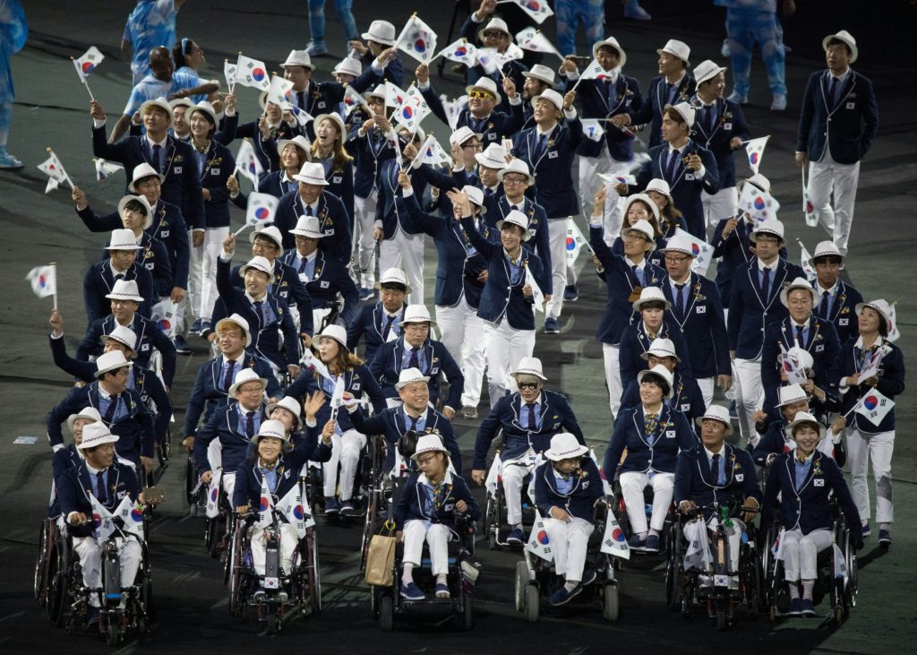 The Paralympic team of the Republic of Korea enters Maracana Stadium during the Opening Ceremony of the Rio 2016 Paralympic Games at the Maracana Stadium in Rio de Janeiro, Brazil, on September 7, 2016. Photo by Simon Bruty/OIS/IOC via AFP. RESTRICTED TO EDITORIAL USE. / AFP PHOTO / OIS/IOC / Simon Bruty for OIS/IOC