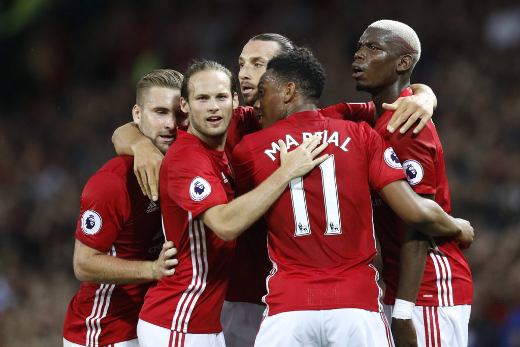 Football Soccer Britain - Manchester United v Southampton - Premier League - Old Trafford - 19/8/16 Manchester United's Zlatan Ibrahimovic celebrates with team mates after scoring their first goal Reuters / Darren Staples Livepic EDITORIAL USE ONLY. No use with unauthorized audio, video, data, fixture lists, club/league logos or "live" services. Online in-match use limited to 45 images, no video emulation. No use in betting, games or single club/league/player publications. Please contact your account representative for further details.