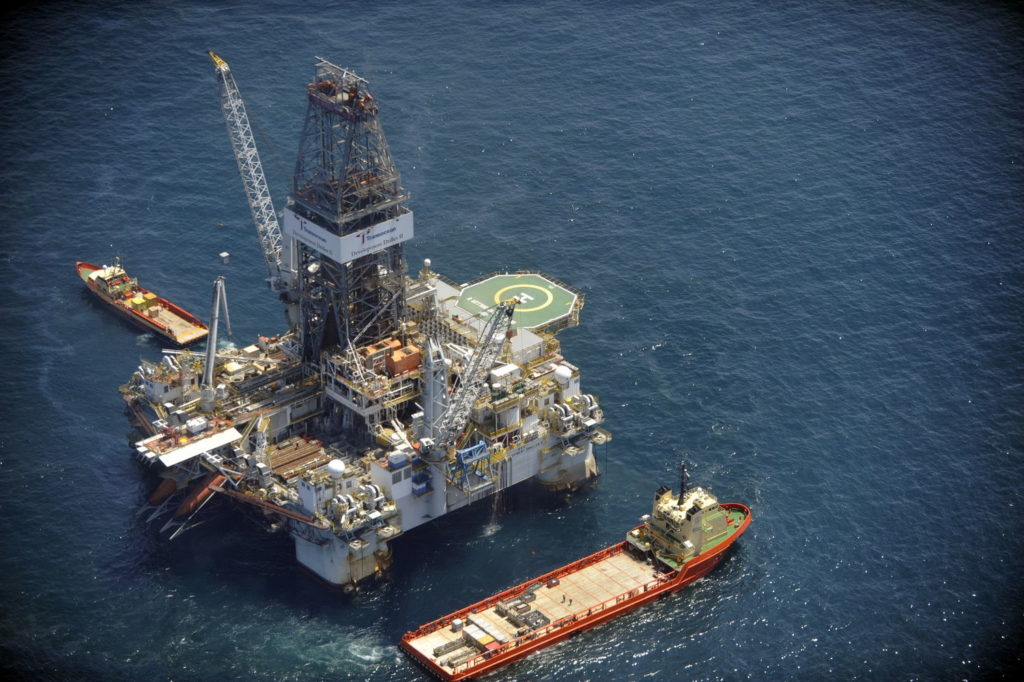 GULF OF MEXICO - Transocean's Development Driller II continues to dig a relief well in the Gulf of Mexico May 20, 2010. The Development Driller II and Development Driller III were brought into the area to drill relief wells in an effort to stop the flow of oil into the water after the Deepwater Horizon incident. U.S. Coast Guard photo by Petty Officer 3rd Class Barry Bena.