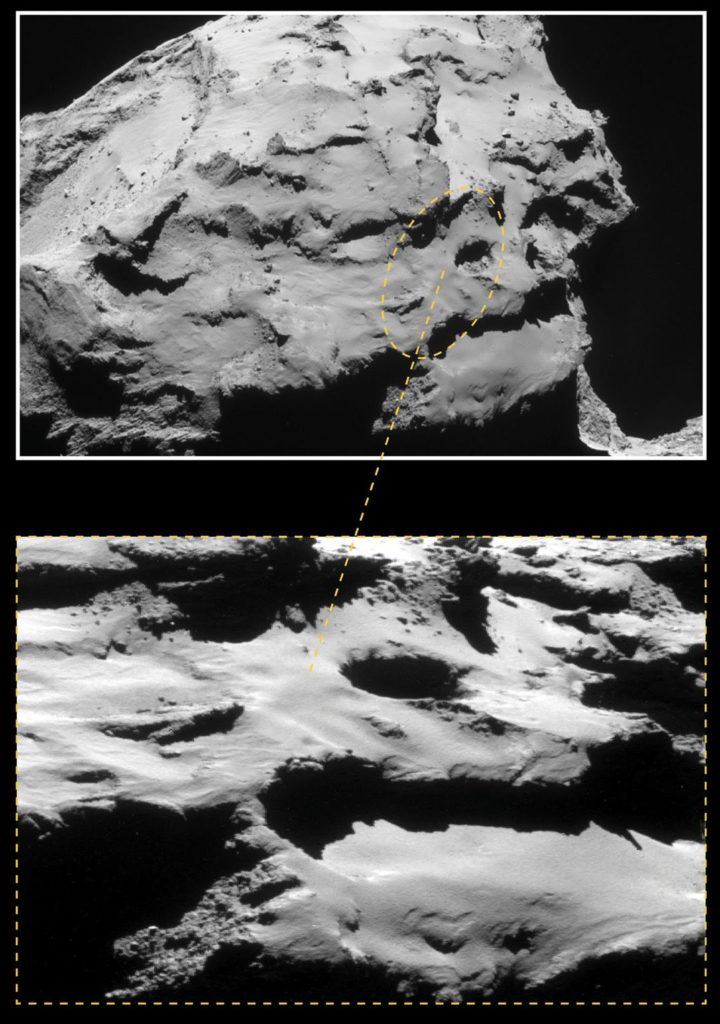 .ภาพที่ค้นพบยานฟีเล ถ่ายโดยยานโรเซตตาเมื่อวันที่ 2 กันยายน 2559 ยานฟีเลจอดจะแคงอยู่ในหลืบหินทางขวาสุดของภาพ
