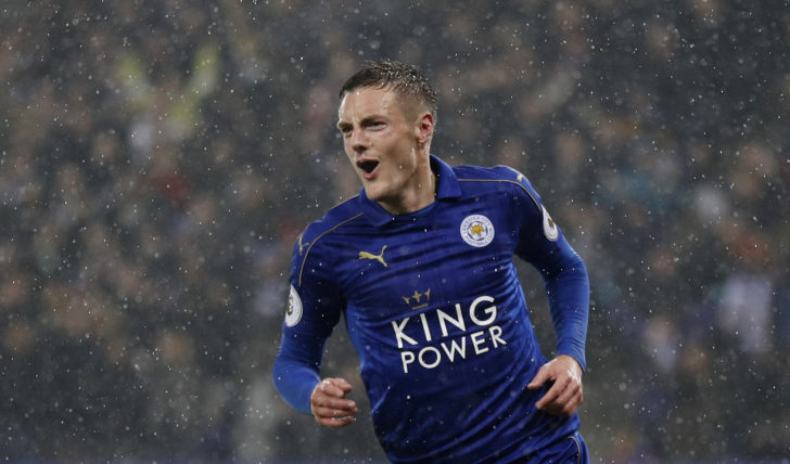 Leicester City's Jamie Vardy celebrates scoring their third goal