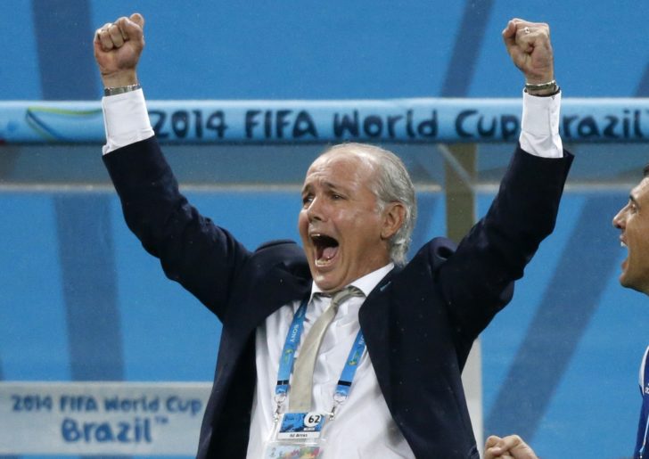 Argentina's coach Sabella celebrates after Rodriguez scores the winning goal during a penalty shootout in their 2014 World Cup semi-finals against Netherlands in Sao Paulo