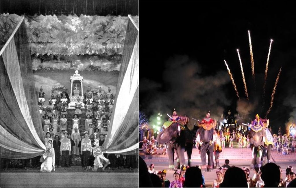 การแสดงชุด อานุภาพพ่อนขุนรามคำแหง จากอดีต ถึงปัจจุบัน ยังอยู่ภายใต้แนวคิดเดิม ที่เพิ่มเติมคือความอลังการ (ซ้าย) อานุภาพพ่อขุนรามคำแหง มีฉากสุดท้ายปลุกใจรักชาติ (ไทย) บทประพันธ์ของหลวงวิจิตรวาทการ (กิม เหลียง วัฒนปฤดา หรือ วิจิตร วิจิตรวาทการ) แสดงครั้งแรกเมื่อปี 2497 สมัยรัฐบาลจอมพล ป. พิบูลสงคราม ก่อนนั้นหลวงวิจิตรวาทการเคยแต่งบทเพลงดนตรีประวัติศาสตร์ พิมพ์แจก พ.ศ. 2482 (ขวา) การแสดงครั้งล่าสุด ในงานวันพ่อขุนรามคำแหง พ.ศ.2560