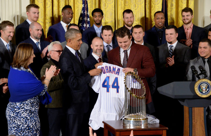 President Barack Obama welcomes the MLB champions Chicago Cubs baseball team at the White House