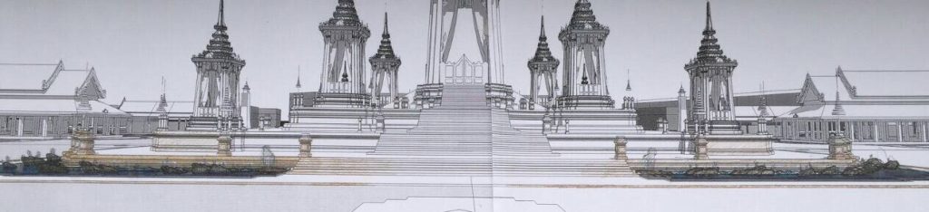 รูปด้านสระอโนดาตฐานพระเมรุมาศ เห็นโขดหินและสัตว์หิมพานต์