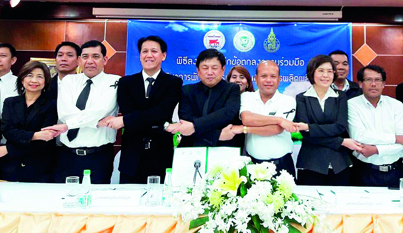 ลงนาม - ณรงค์ฤทธิ์ วงศ์สุวรรณ ผอ.องค์การส่งเสริมกิจการโคนมแห่งประเทศไทย (อ.ส.ค.) ร่วมพิธีลงนามบันทึกข้อตกลงความร่วมมือ (MOU) ระหว่าง อ.ส.ค.กับคณะสัตวแพทยศาสตร์ ม.สงขลานครินทร์ วิทยาเขตหาดใหญ่ และสหกรณ์โคนมพัทลุง จำกัด เพื่อร่วมมือในการพัฒนาโคนมและการผลิตผลิตภัณฑ์นมในเขตภาคใต้ตอนล่าง เมื่อเร็วๆ นี้ 