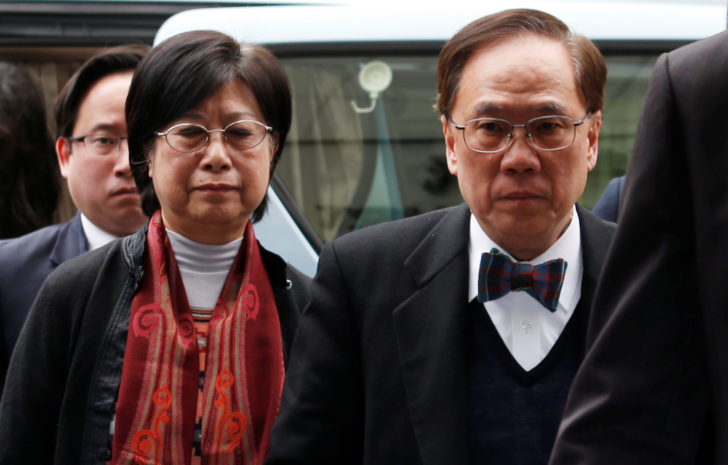 Former Hong Kong Chief Executive Donald Tsang, his wife Selina and son Thomas arrive at the High Court in Hong Kong