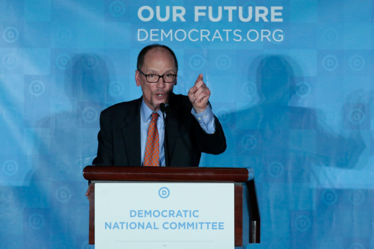 Tom Perez addresses the audience after being elected Democratic National Chair during the Democratic National Committee winter meeting in Atlanta