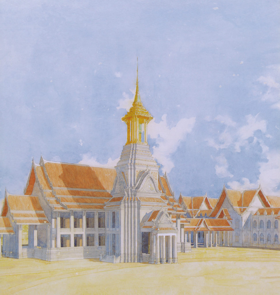 ภาพร่างตึกบัญชาการโรงเรียนข้าราชการพลเรือนฯ (จุฬาลงกรณ์มหาวิทยาลัยในปัจจุบัน) จะเห็นการนำรูปแบบศิลปะสุโขทัยมาเป้นแบบตึก
