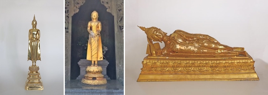 ปางอุ้มบาตร-ประจำวันพุธ (กลางวัน)หลวงพ่อวัดบ้านแหลมองค์จำลองจากวัดเพชรสมุทรวรวิหาร, ปางถวายเนตร ประจำวันอาทิตย์ สุทัศนเทพวรารามราชวรมหาวิหาร กรุงเทพฯ, ปางไสยาสน์ ประจำวันอังคาร จากวัดโพธิ์