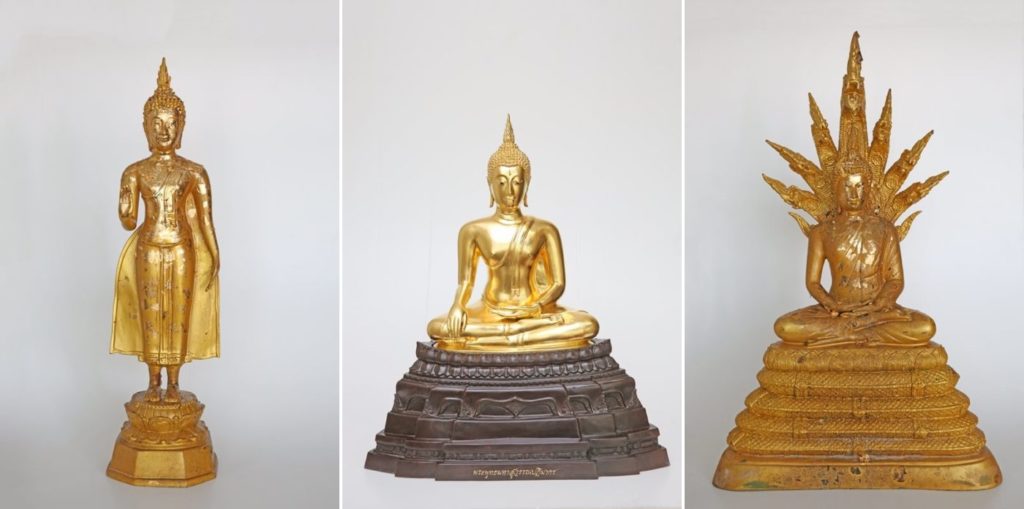 ปางห้ามสมุทร หรือปางห้ามญาติประจำวันจันทร์ จากวัดพระเชตุพนวิมลมังคลารามราชวรวิหาร, ปางสมาธิเพชร-พระเกตุ วัดไตรมิตรวิทยารามวรวิหาร กรุงเทพฯ, ปางนาคปรก ประจำวันเสาร์ จากวัดโพธิ์