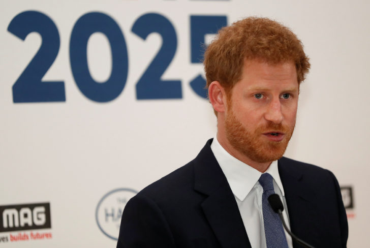 Britain's Prince Harry delivers a keynote speech at an International Mine Awareness Day reception at Kensington Palace in London