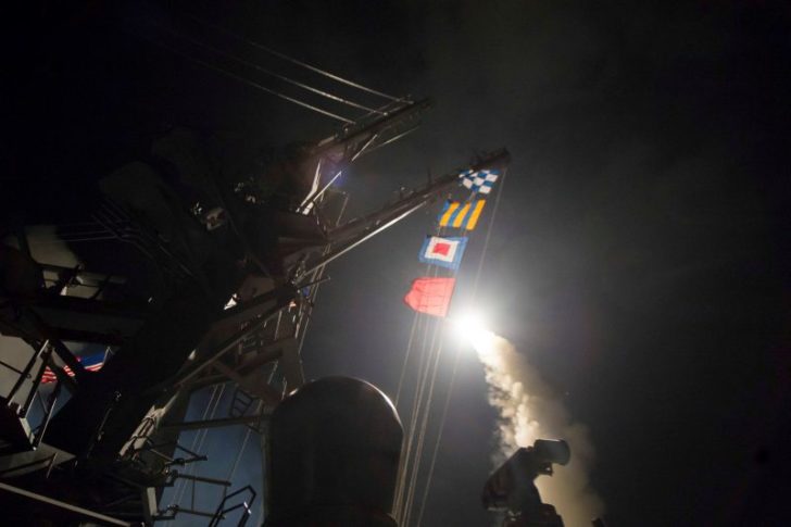 U.S. Navy guided-missile destroyer USS Ross (DDG 71) fires a tomahawk land attack missile in Mediterranean Sea