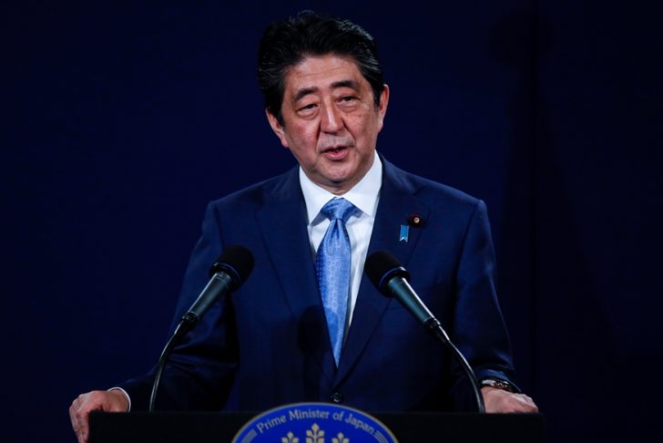Japan's Prime Minister Shinzo Abe speaks during a news conference at a hotel in London