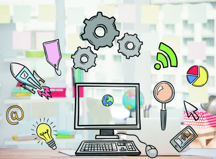 digital composite of business graphics with office background