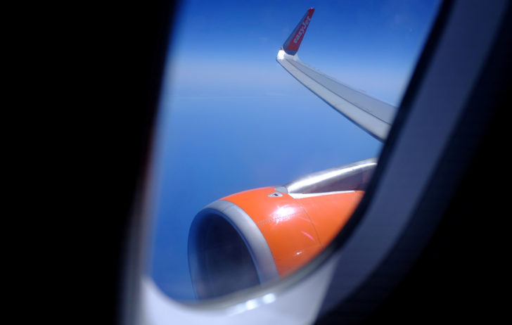 FILE PHOTO: General view of the wing on an EasyJet flight from Gibraltar airport in the British overseas territory of Gibraltar