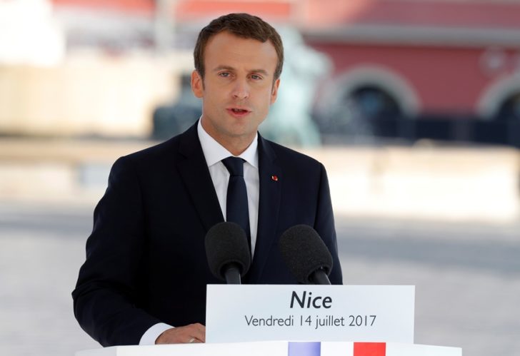 French President Emmanuel Macron delivers a speech during the commemorative ceremony for last year's July 14 Bastille Day fatal truck attack on the Promenade des Anglais in Nice