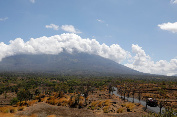 Truck drives in the direction of Mount Agung on Bali Island