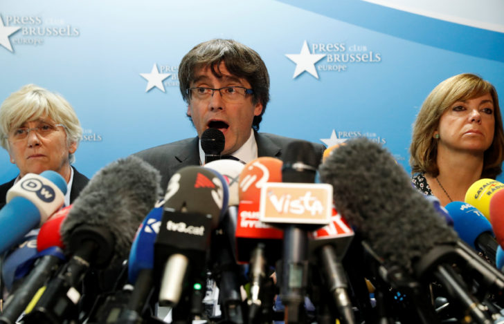 Sacked Catalan leader Carles Puigdemont and governmemnt ministers attend a news conference at the Press Club Brussels Europe in Brussels