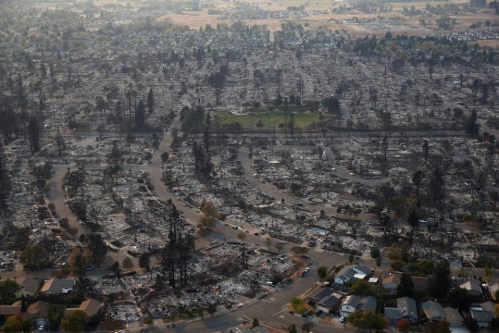An aerial view of properties destroyed by the Tubbs Fire is seen in Santa Rosa, California