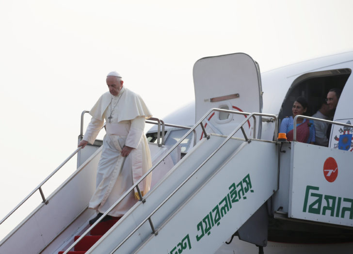 Pope Francis arrives at the airport in Dhaka