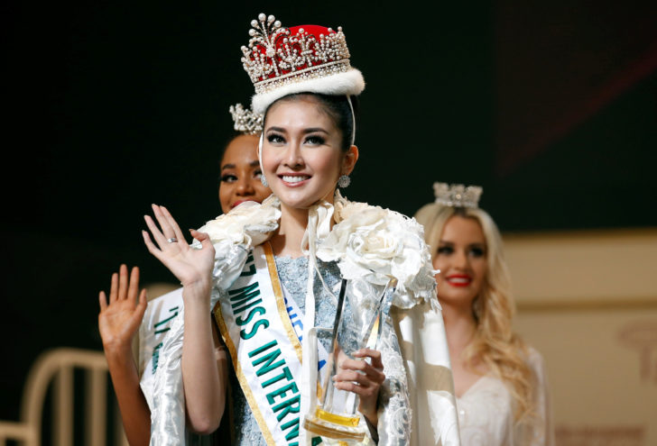 The winner of the Miss International 2017 Kevin Lilliana representing Indonesia waves at the 57th Miss International Beauty Pageant in Tokyo