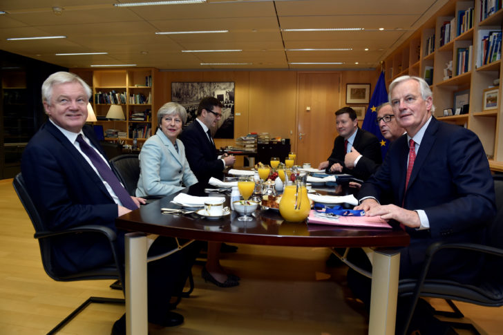 Britain's Secretary of State for Exiting the EU Davis, Britain's PM May, EC President Juncker and EU's chief Brexit negotiator Barnier meet at the European Commission in Brussels