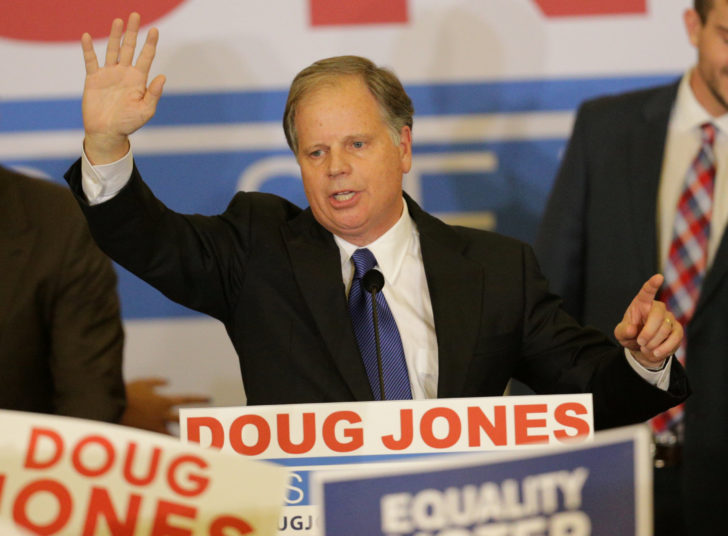 Democratic Alabama U.S. Senate candidate Doug Jones acknowledges supporters at the election night party in Birmingham